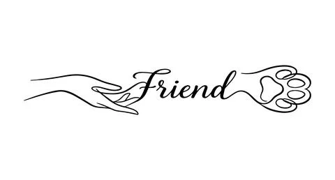 Stylized image of a woman's hand and a cat's paw, the word "Friend" Stock Illustration