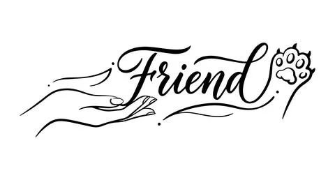 Stylized image of a woman's hand and a cat's paw, the word Friend Stock Illustration
