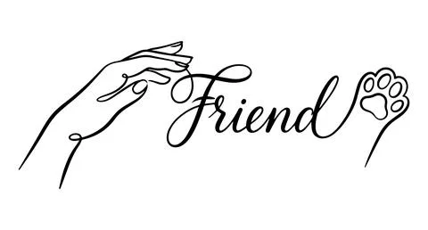Stylized image of a woman's hand and a cat's paw, the word Friend Stock Illustration