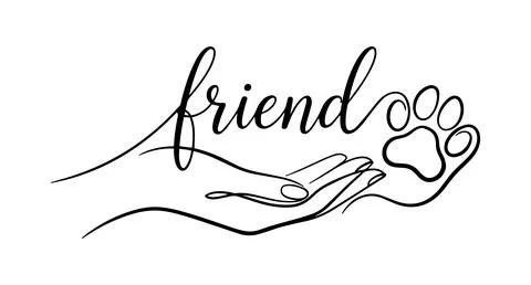 Stylized image of a woman's hand and a cat's paw, the word Friend Stock Illustration