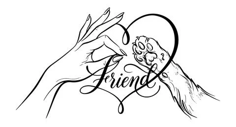 Stylized image of a woman's hand and a cat's paw, the word Friend Stock Illustration