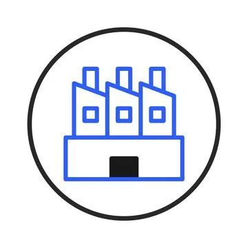 Stylized industrial complex icon representing manufacturing with blue lines.. Stock Illustration