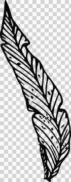 Stylized ink feather sketch is featuring hatched lines and dot accents on Illustrazione stock