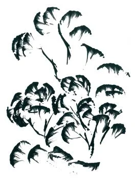 Stylized ink silhouettes of elements of graceful trees in Japanese style Stock Illustration