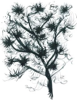 Stylized isolated image of black tree with fluffy rounded flowers Stock Illustration
