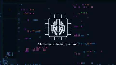Stylized JavaScript Code on Digital Background with Brain and Microchip Symbo Stockillustratie