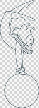 Stylized jester is doing inverted handstand on ball in monochrome line art, Stock Illustration