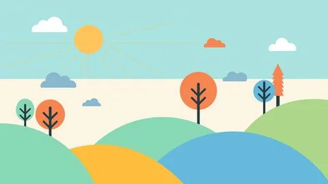 Stylized landscape with rolling hills, trees, and clouds under a blue sky Stock Illustration