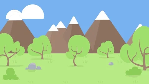 Stylized landscape with trees mountains and clouds Stock Footage 340471607