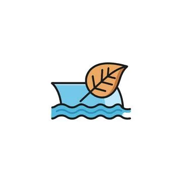 Stylized leaf gently resting atop blue wave illustration evoking concepts o.. Stock Illustration