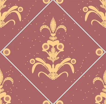 Stylized leaves, circles with a grid inside yellow on a pink background, re.. Stock Illustration