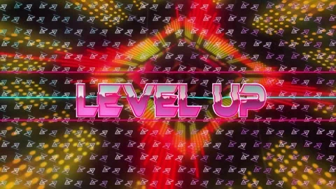 Stylized LEVEL UP lettering being animated across retro grid, with neon bars and Stock Footage 330109142