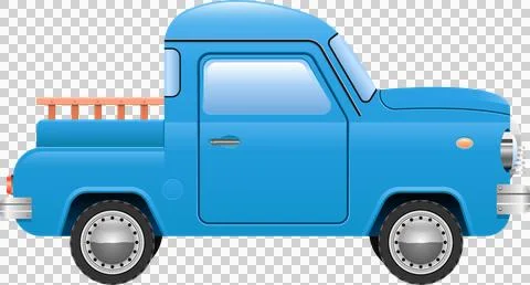 A stylized, light blue pickup truck with a wooden railing, depicted in a ca.. Illustrazione stock