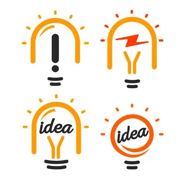Stylized lightbulbs logo set, new idea and solution abstract symbol, flat bright Stock Illustration