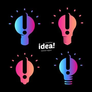 Stylized lightbulbs logo set, new idea and solution abstract symbol, flat bright Stock Illustration