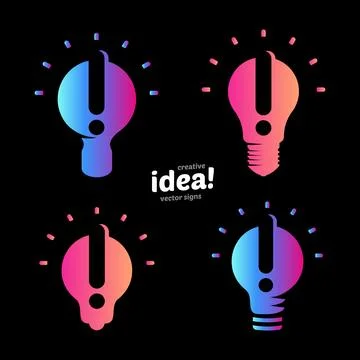 Stylized lightbulbs logo set, new idea and solution abstract symbol, flat bright Stock Illustration