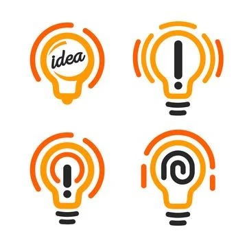 Stylized lightbulbs logo set, new idea and solution abstract symbol, flat bright Stock Illustration