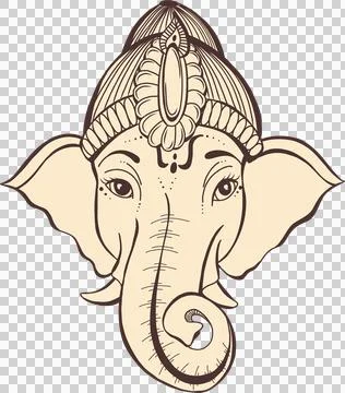 Stylized line-art elephant head is showing curling trunk and ornate crown on Stock Illustration