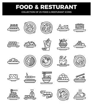 A stylized line art icons representing various food and restaurant items on.. Stock Illustration