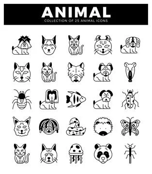 Stylized line drawings of 25 animals displayed in a grid. isolated on a whi.. Stock Illustration