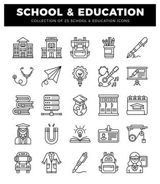 Stylized line icons represent school and education objects on a white backg.. Stock Illustration