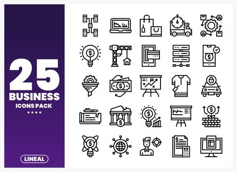Stylized linear business icons in a pack with finance and technology symbols Stock Illustration