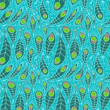 Stylized linear peacock feathers background. Vector seamless pattern in brigh Stock Illustration