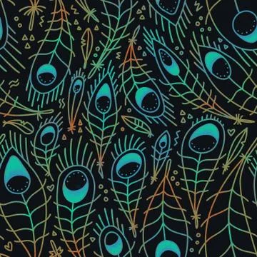 Stylized linear peacock feathers background. seamless pattern in bright color Stock Illustration