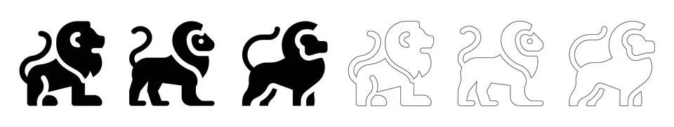 Stylized lion icon set in solid and outline design. minimalist geometric lion Stock-Illustration