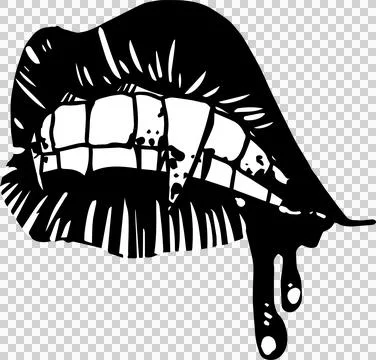 Stylized lips biting in monochrome illustration with dripping liquid and Stock Illustration