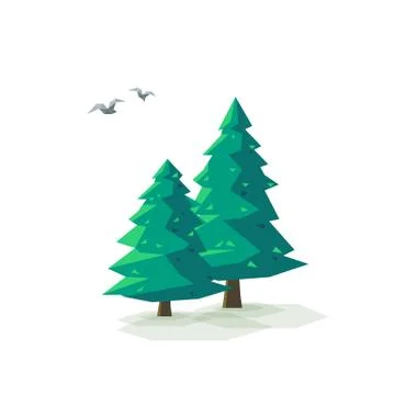 Stylized Low Poly Green Conifer Trees Stock Illustration