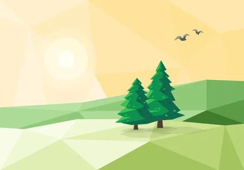 Stylized Low Poly Landscape with Conifer Trees Stock Illustration