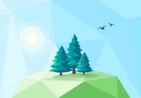 Stylized Low Poly Landscape with Conifer Trees Stock Illustration