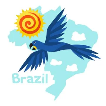 Stylized map of Brazil with sun and macaw parrot Stock Illustration