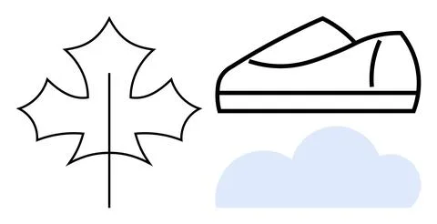 Stylized maple leaf, minimalist shoe outline, and simple blue cloud Stock Illustration
