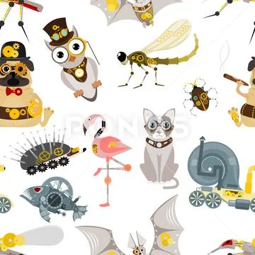 Stylized metal steampunk mechanic robots animals machine steam gear insect punk Stock Illustration