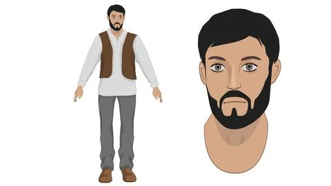 Stylized Middle Eastern man with beard in different angles front and side Stock Illustration
