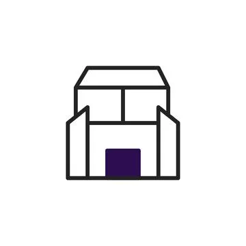 Stylized minimal building icon with opened doors creating an inviting archi.. Ilustración de archivo