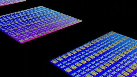 Stylized models of processors in neon color move on a black background. 3d rende Stock Footage 310882258