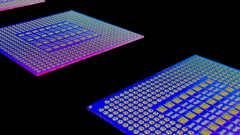 Stylized models of processors in neon color move on a black background. 3d rende Stock Footage 310882259