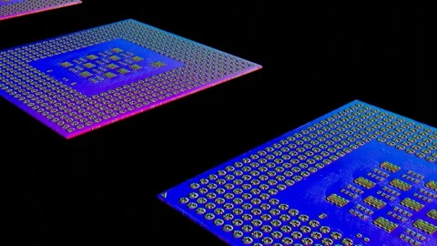 Stylized models of processors in neon color move on a black background. 3d rende Stock-Footage 310882269