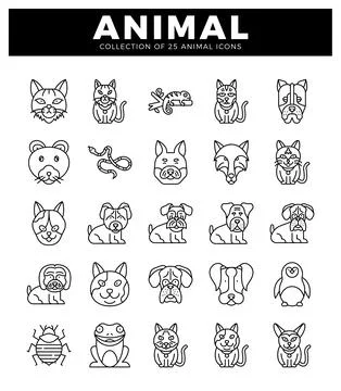 Stylized. modern. black and white animal icons in a grid layout on a white .. Stock Illustration