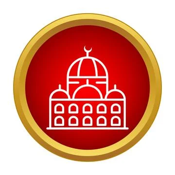 Stylized mosque icon on a red button with golden frame 库存插图