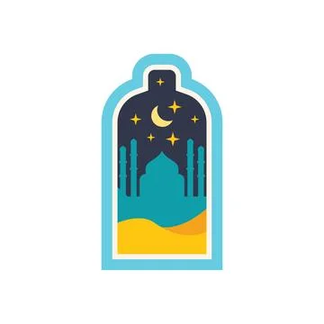 Stylized mosque silhouette at night with crescent moon, stars, and desert lan Ilustración de archivo