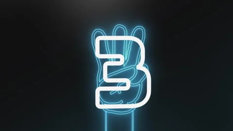 Stylized neon hand countdown animation with camera perspective, showing five Stock Footage 328700803