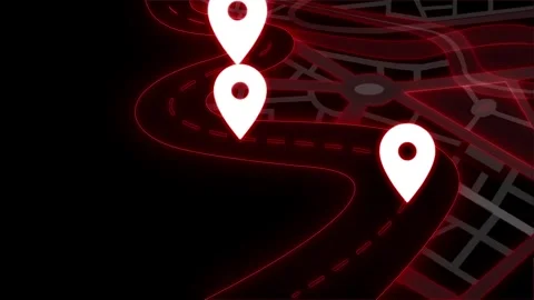 Stylized neon map with glowing route and three white location pins animation Stock Footage 334764318