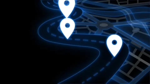 Stylized neon map with glowing route and three white location pins animation Stock Footage 334764323