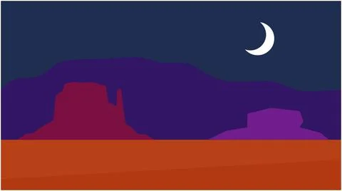 Stylized night desert mesas under crescent moon with landscape, crescent Stock Illustration