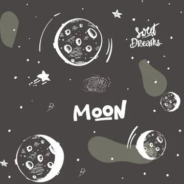 Stylized night sky seamless pattern with moon shining stars, planets, Dark ha Stock Illustration