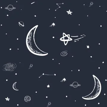 Stylized night sky seamless pattern with moon shining stars, planets, Dark ha Stock Illustration